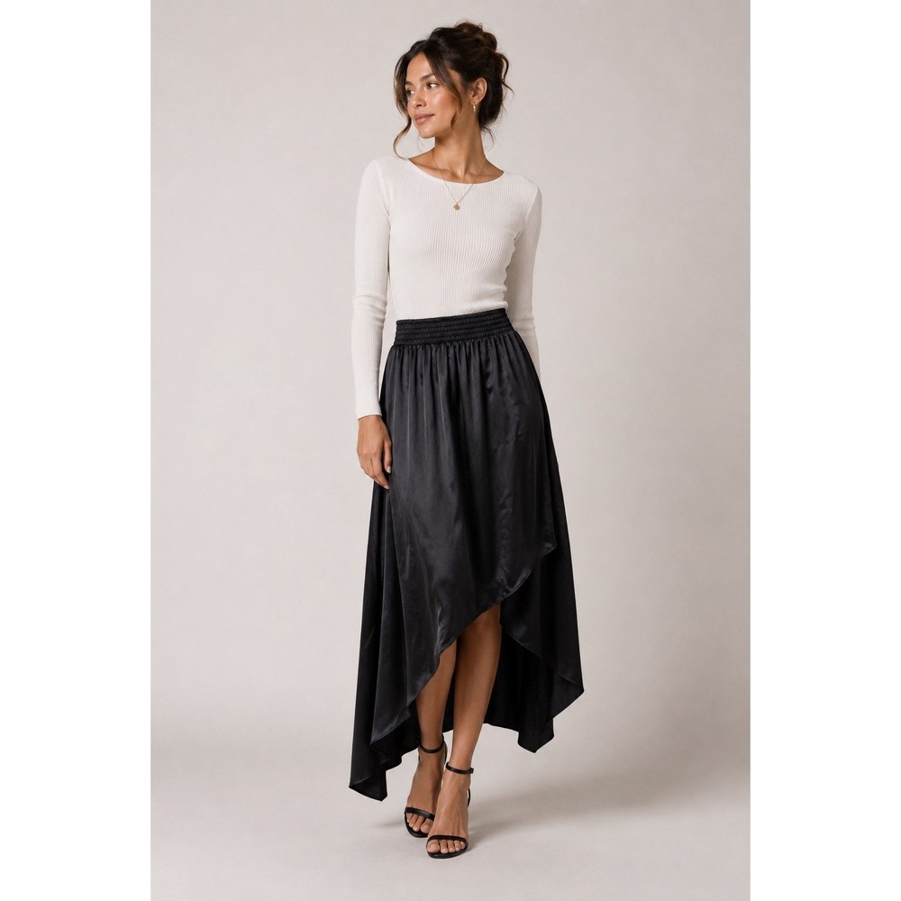 Bishop‎ Young Black Asymmetrical Smocked Waist Midi Skirt S